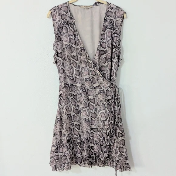 Allsaints Priya Snake Print Ruffle Pring Wrap Mini Dress Sleeveless Beige Large - Picture 2 of 11